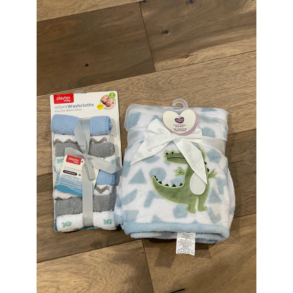 Parent’s Choice Plush Baby Blanket & Playtex Washcloth Print Blue/Green NWT